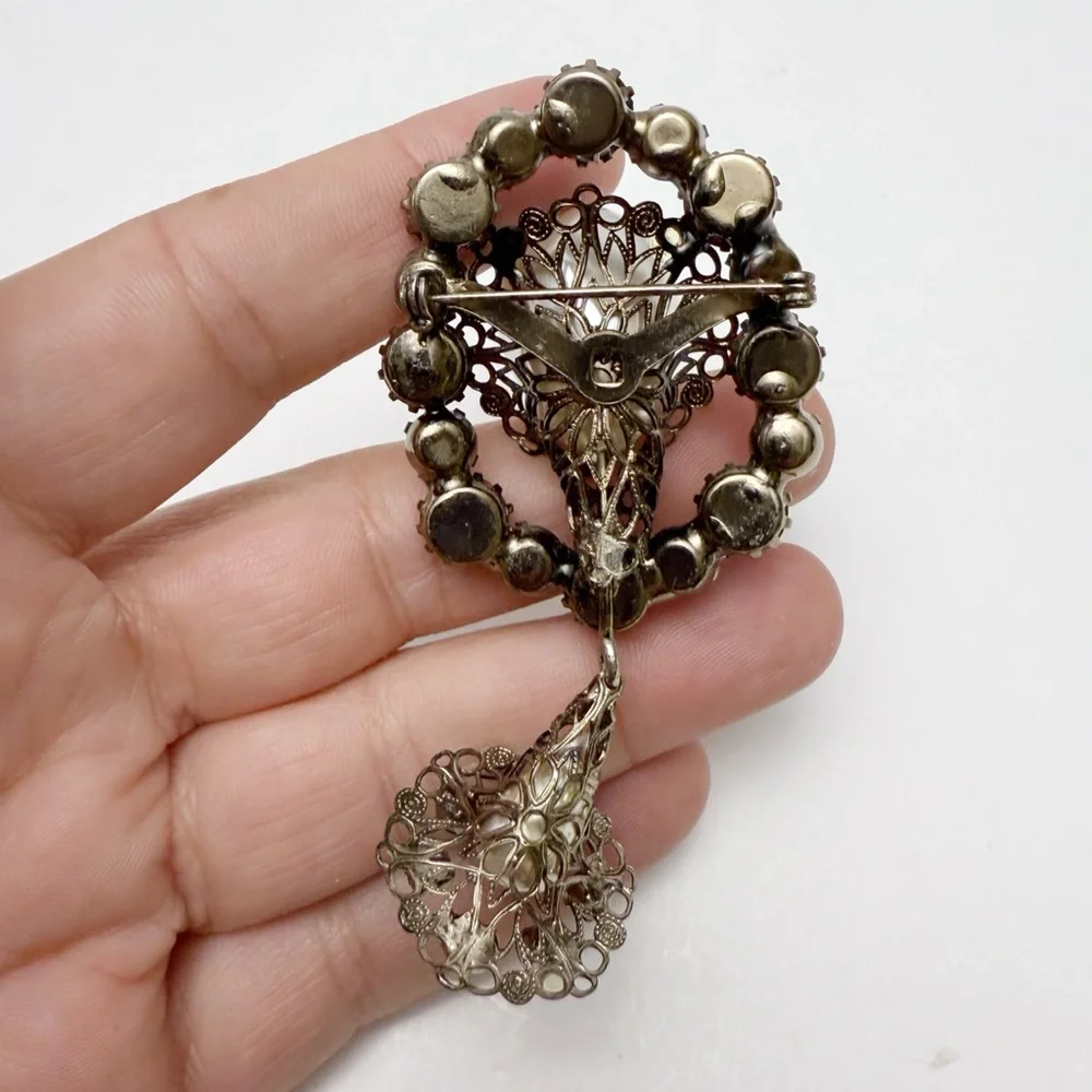 Vintage Large Baroque Faux Pearl Pink Aqua Rhinestone Filigree Drop Brooch